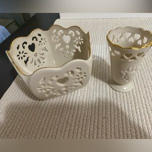 1990s Lenox Reticulated Porcelain Bowl and vase set  24k gold